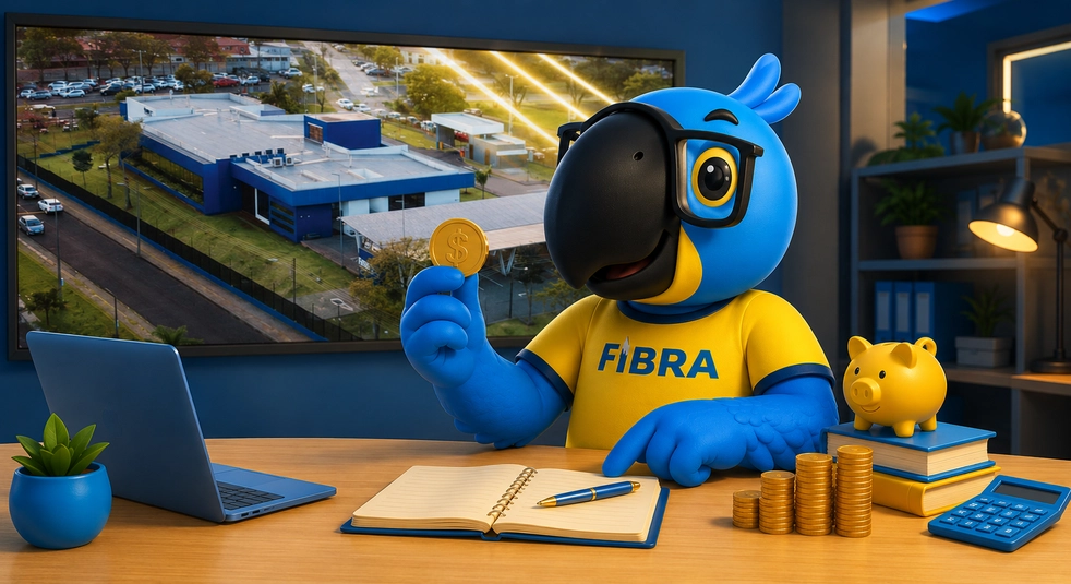 Imagem do mascote da Fibra sentado à mesa, segurando uma moeda, com notebook, caderno e cofrinho ao seu redor