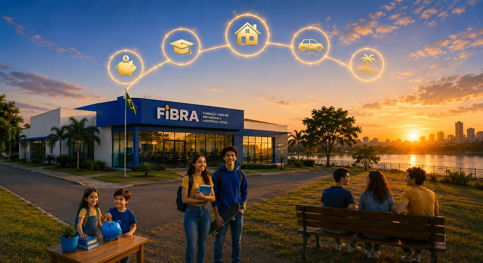 Imagem de pessoas ao por do sol, convivendo na área externa da sede da Fibra